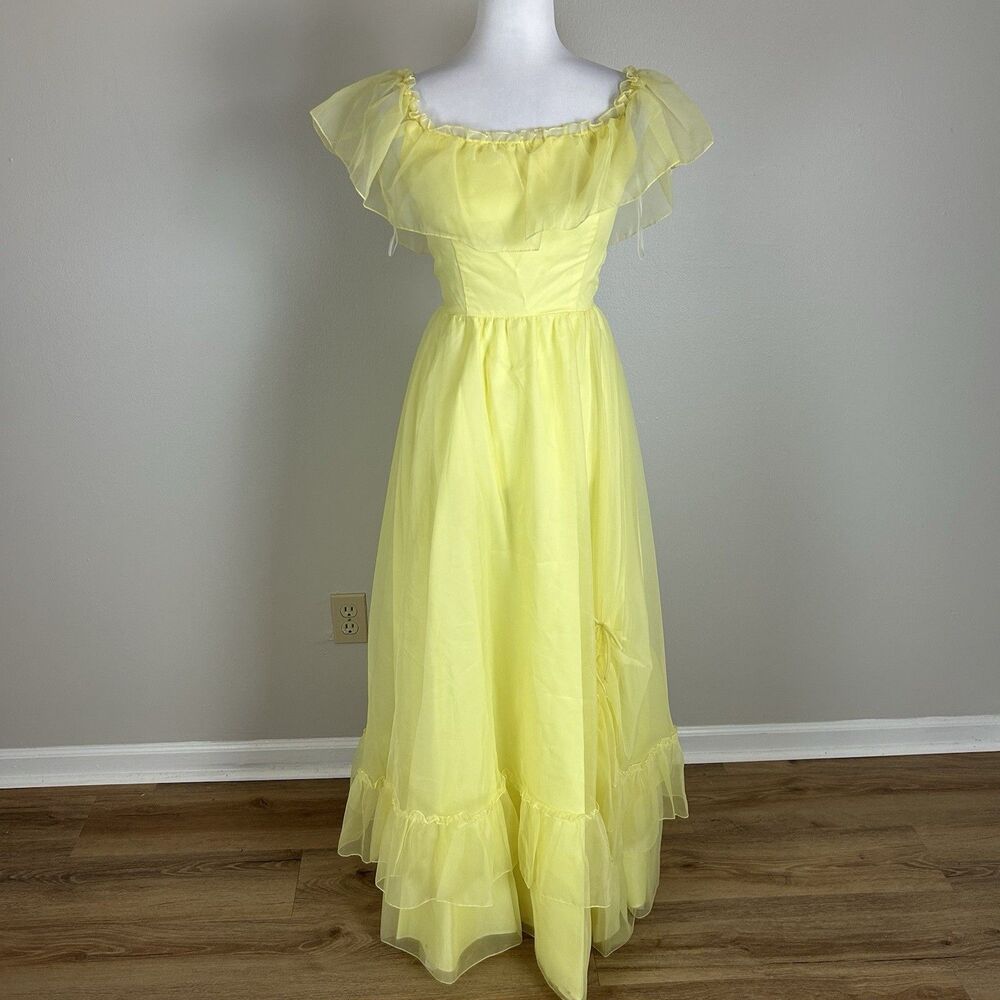 vintage Union Made Dress Maxi Yellow Cottagecore Prairie Chiffon Gown A-line 80s